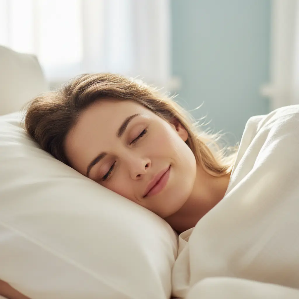 Mujer durmiendo en almohada de seda